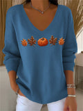 Women's Casual Autumn Maple Leaf Pumpkin Striped Long Sleeve V-Neck Top