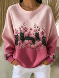Casual Cat Crew Neck Long Sleeve Sweatshirt