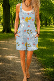 Women’s Light Blue Floral Print Casual Cotton Wide Leg Romper