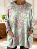 Ethnic Floral  Prin Round Neck Long Sleeve Pockets Loose Casual Sweater