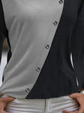 Patchwork Irregular V-neck Buttons Long Sleeves Sweatshirt