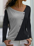 Patchwork Irregular V-neck Buttons Long Sleeves Sweatshirt