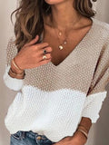 Patchwork V-neck Casual Long Sleeves Sweater