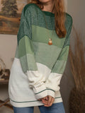 Color Block Boat Neck Casual Long Sleeves Sweater