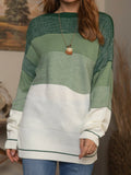 Color Block Boat Neck Casual Long Sleeves Sweater