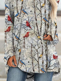 Cute Birds Print Crew Neck Long Sleeves Sweatshirt