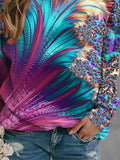 Feather Print Crew Neck Long Sleeves Sweatshirt