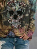 Halloween Skull Print Crew Neck Long Sleeves Sweatshirt
