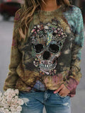 Halloween Skull Print Crew Neck Long Sleeves Sweatshirt