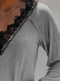 Solid Color V-neck Lace Long Sleeves Sweatshirt
