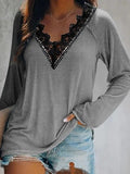 Solid Color V-neck Lace Long Sleeves Sweatshirt