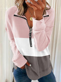 Color Block Collared Half Zip Long Sleeves Sweatshirt