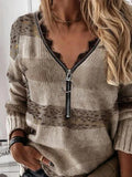 Stripe Patchwork V-neck Half Zip Long Sleeves Sweater