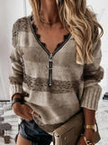 Stripe Patchwork V-neck Half Zip Long Sleeves Sweater