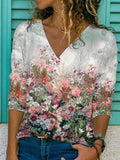 Floral Print V-neck Vacation Long Sleeves Sweatshirt