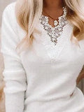 Solid Color V-neck Lace Casual Long Sleeves Sweater