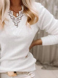 Solid Color V-neck Lace Casual Long Sleeves Sweater