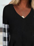 Plaid Patchwork V-neck Long Sleeves Sweatshirt