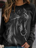 Horse Head Print Crew Neck Long Sleeves Sweatshirt