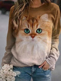 Cute Cat Print Round Neck Long Sleeves Sweatshirt