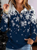 Snowflake Print Buttons Lapel Neck Long Sleeves Sweatshirt