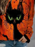 Vintage Cat Print Round Neck Long Sleeves Sweatshirt