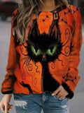 Vintage Cat Print Round Neck Long Sleeves Sweatshirt