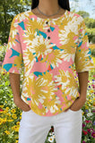 Womens Orange Tropical Botanical Print Casual Waffle Cotton Shirt