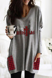 Merry Christmas Print Plaid Casual V-neck Sweatshirt