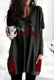 Merry Christmas Print Plaid Casual V-neck Sweatshirt