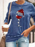 Christmas Wine Glass Print Round Neck Sweatshirt